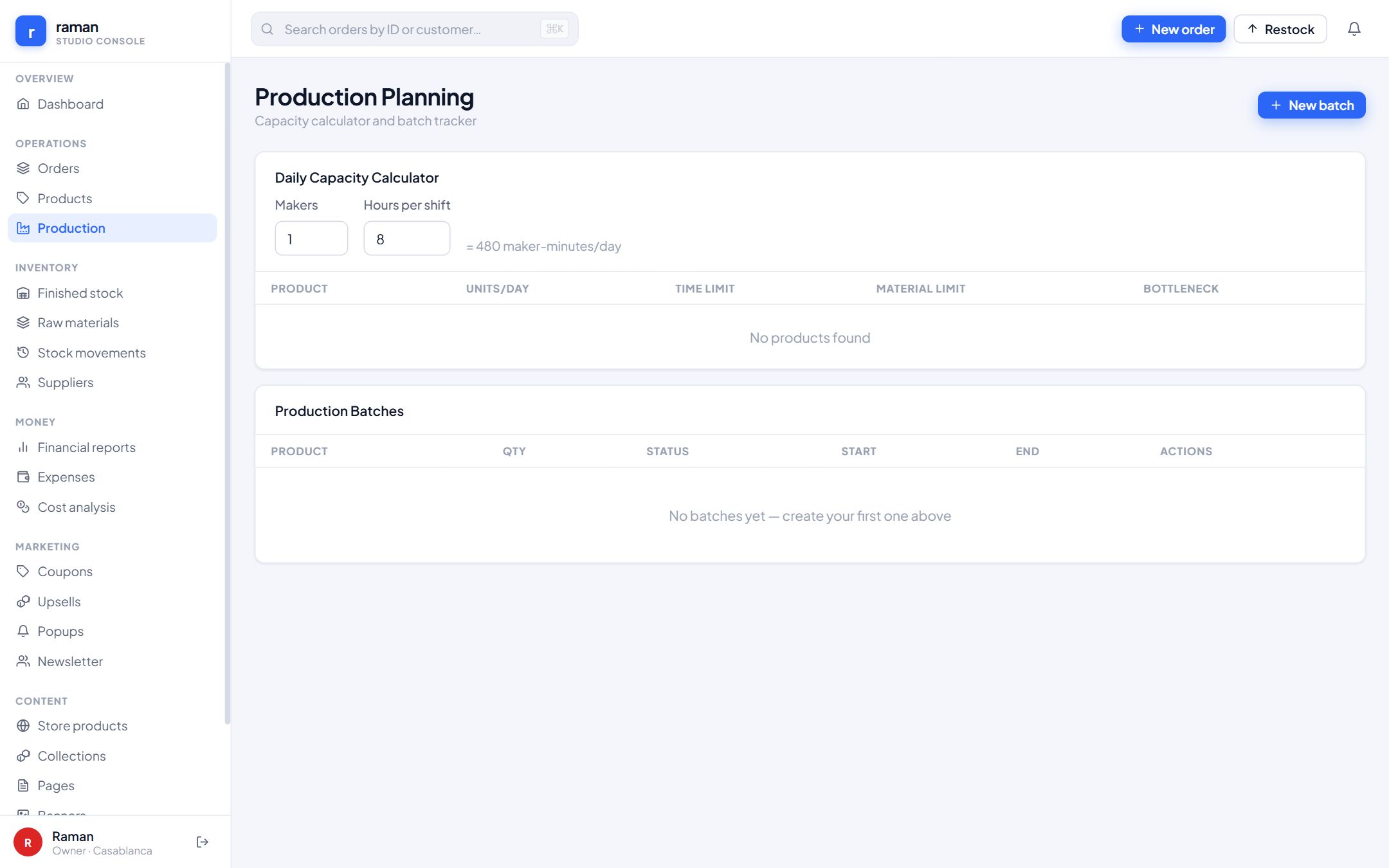 Raman — Production planning + capacity