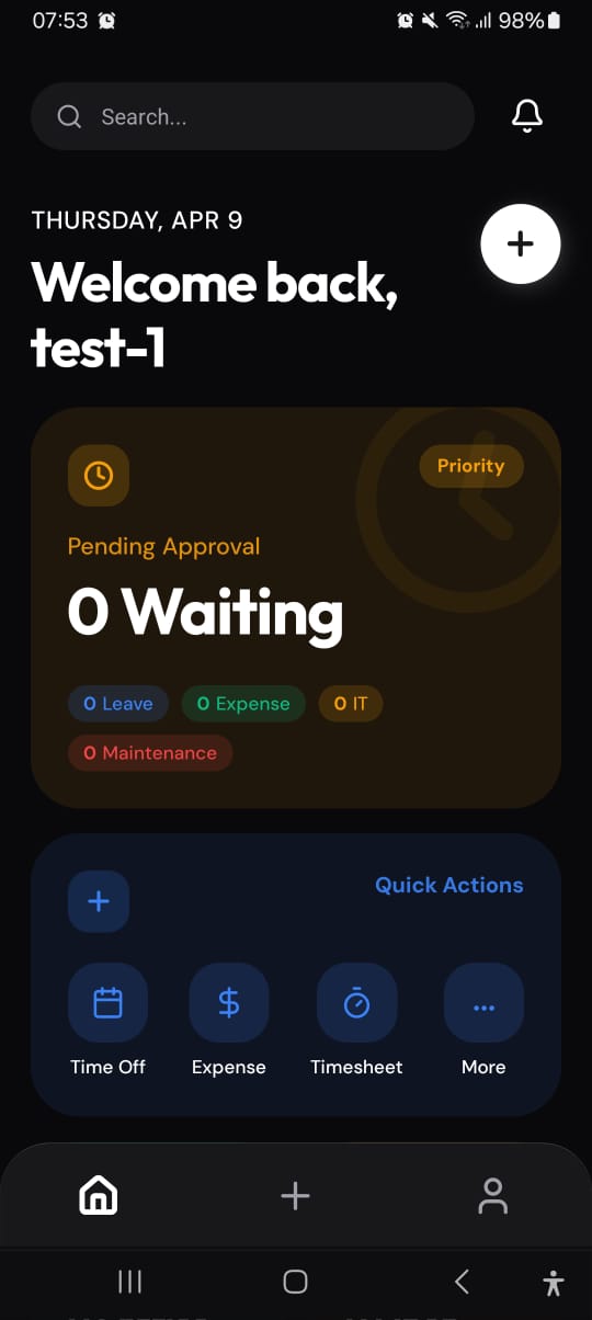 Shadow Portal — Employee home — pending approvals & quick actions