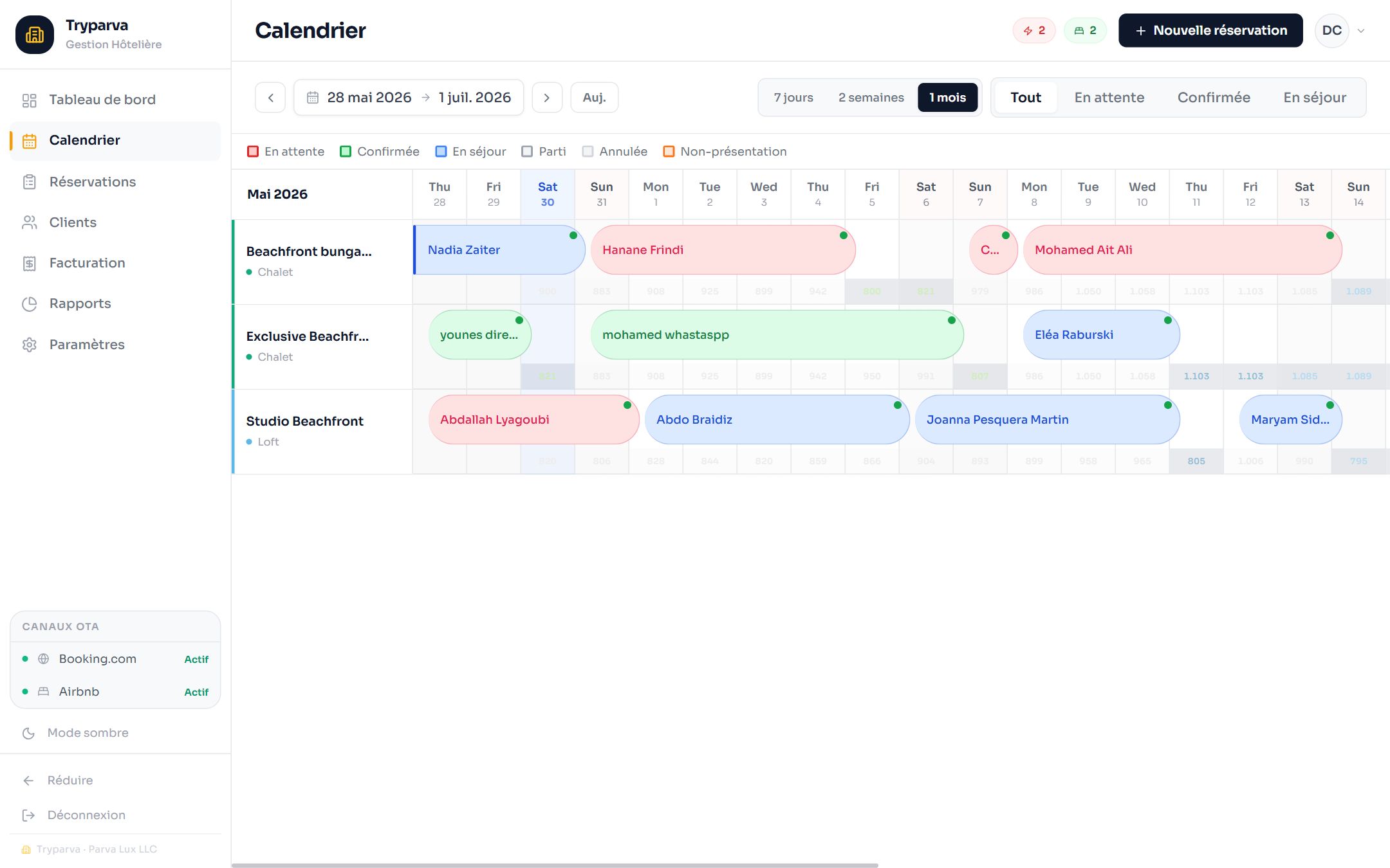 Tryparva PMS — Live room calendar